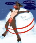  anthro balls bdsm blush blush_lines bodily_fluids bondage bound chastity_cage chastity_cage_only chastity_device chastity_device_only deer digital_media_(artwork) english_text genital_fluids genitals hi_res horn horned_humanoid humanoid humiliation jedader male mammal new_world_deer nude offscreen_character outdoor_nudity outside red_chastity_cage red_nose reindeer restraints rudolph_the_red-nosed_reindeer snow snowball spread_eagle submissive tail text wearing_chastity_cage wearing_chastity_device winter 