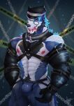 2020 abs anthro armband barricade_tape biceps black_armband black_clothing black_collar black_facial_hair black_gloves black_hair black_handwear black_harness black_sleeves blue_body blue_clothing blue_eyes blue_fur blue_hair blue_jockstrap blue_underwear bulge canid canine canis chain clothed clothing collar deltoids eyewear facial_hair fur glasses gloves hair handwear harness hi_res jockstrap licking licking_lips looking_at_viewer male mammal multicolored_body multicolored_fur nipples open_mouth pecs police_tape pubes signature solo tongue tongue_out topless two_tone_body two_tone_fur underwear unknown_artist white_body white_fur wolf