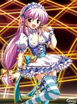  :d bag breasts character_request cleavage dress frilled_legwear hairband lolita_hairband long_hair low-tied_long_hair medium_breasts open_mouth pink_hair power-up smile striped striped_legwear thighhighs touhou wrist_cuffs yellow_eyes zixia_(msl) 