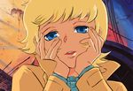  asuka_ryou blonde_hair blue_eyes blush coat devilman hands_on_own_cheeks hands_on_own_face male_focus open_mouth parody sideburns solo turtleneck yandere yandere_trance 