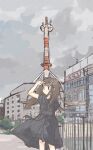  1girl brown_hair building commentary_request dress feet_out_of_frame floating_hair grey_dress hand_up highres long_hair looking_to_the_side original outdoors overcast puffy_short_sleeves puffy_sleeves radio_tower sasaxxxx06 short_sleeves sky solo standing wind 