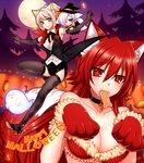  aika_(konshin) animal_ears bare_shoulders blonde_hair blue_eyes breasts chibi cleavage elbow_gloves fang fox_ears fox_tail full_moon fur_trim gloves halloween happy_halloween hat konshin long_hair medium_breasts moon mouth_hold multiple_girls opera_the_vermelho paw_gloves paws phantasy_star phantasy_star_online_2 pixiv_fantasia pixiv_fantasia_sword_regalia purple_eyes red_eyes red_hair short_hair tail thighhighs white_hair witch_hat wolf_ears wolf_tail zero_(konshin) 