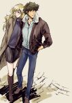  1boy 1girl absurdres black_skirt blonde_hair blue_pants boots brown_boots brown_jacket brown_shoes closed_mouth coat cobblestone collared_shirt couple cowboy_bebop full_body fur-trimmed_jacket fur_trim green_hair grey_coat grey_sweater hair_between_eyes hand_in_pocket hetero highres jacket julia_(cowboy_bebop) light_smile long_coat long_hair miniskirt pants parted_lips shirt shoes short_hair skirt spike_spiegel sweater tobalin turtleneck turtleneck_sweater white_shirt 