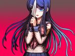  bad_id bad_pixiv_id blue_eyes blue_hair danganronpa danganronpa_1 hair_ornament hairclip knife maizono_sayaka school_uniform skirt solo spoilers tears zakki 