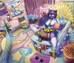 abdl absurd_res andromorph anthro arita_tian azazel_(helltaker) cat_stockings cat_tail changing_(disambiguation) clothed clothing cross diaper domestic_cat easter egg felid feline felis female feral furniture halo helltaker hi_res holidays humiliation humor intersex inverted_cross mammal orange_eyes paddle purple_body rattle russian_text solo table text wearing_diaper
