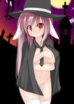  animal_ears bad_id bad_pixiv_id black_neckwear blush breasts bunny_ears cape chimunge collarbone groin halloween hat large_breasts long_hair naked_cape navel necktie nude pink_hair red_eyes reisen_udongein_inaba solo thighhighs touhou white_legwear witch_hat 