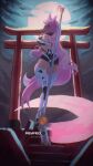  absurdres animal_ears back commentary english_commentary fox_ears fox_girl fox_tail full_moon highres indie_virtual_youtuber leg_armor long_hair looking_back mechanical_legs meicha_(vtuber) moon night pink_hair ponytail prim_prim purple_eyes scythe shorts stairs tail thick_thighs thighs torii very_long_hair virtual_youtuber 