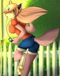  blonde_hair brown_fur canine claws clothed clothing digitigrade female fence fur green_eyes hair hindpaw ipod jogging looking_at_viewer looking_back mammal mp3 open_mouth paws pink_fur roxy shirt shorts soles solo toes wolf wolflady 