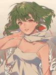  1girl armpits bare_shoulders breasts collarbone dress eyelashes green_hair jewelry kiya lips macross macross_frontier necklace ranka_lee red_eyes scarf short_hair sleeveless sleeveless_dress small_breasts smile solo spaghetti_strap wind wind_lift 