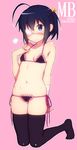  ahoge bare_shoulders black_hair black_legwear blue_eyes blush character_name chuunibyou_demo_koi_ga_shitai! eyepatch flat_chest highres hijiri_rei kneeling one_side_up outline panties pink_background side-tie_panties smile solo takanashi_rikka thighhighs underwear 