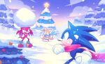  3boys bloo_2024 christmas_tree green_eyes grin highres knuckles_the_echidna multiple_boys scarf smile snow snowball snowball_fight snowing sonic_(series) sonic_the_hedgehog surprised tails_(sonic) 