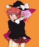  :q akaza_akari blush bow cape double_bun dress flying_sweatdrops green_eyes hair_bun halloween hat hat_bow heart hug hug_from_behind maromi_(am97) multiple_girls nanamori_school_uniform open_mouth orange_background pink_hair red_eyes red_hair sailor_dress school_uniform serafuku short_hair simple_background sketch smile tongue tongue_out trembling twintails wavy_mouth white_bow witch_hat yoshikawa_chinatsu yuri yuru_yuri 