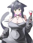  1girl absurdres adjusting_dress alternate_breast_size_(larger) alternate_costume animal_ears arknights bare_shoulders black_choker black_gloves black_hair black_jacket blush breasts cat_ears cat_girl cat_tail choker cleavage collarbone cowboy_shot cup dress ears_down flying_sweatdrops fur_trim gloves green_eyes grey_dress highres holding holding_cup huge_breasts jacket jessica_(arknights) jessica_the_liberated_(arknights) long_hair looking_at_viewer multicolored_hair purple_hair simple_background solo spam_(spamham4506) sweat tail white_background 
