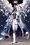  1boy arm_up armor black_hair black_shirt boots border capitano_(genshin_impact) coat collared_shirt commentary_request english_text falling_petals flower full_body genshin_impact gloves gold_trim happy_holidays helmet highres holding holding_sword holding_weapon long_hair long_sleeves male_focus pants petals ribbon shirt solo standing sword thigh_strap uouzzz weapon white_boots white_coat white_flower white_pants 