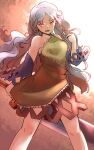  1girl bare_shoulders cleaver collarbone commentary_request detached_sleeves dress fang feet_out_of_frame glowing glowing_eyes grey_hair hand_up holding holding_cleaver knees light_blush long_hair one-hour_drawing_challenge open_mouth orange_background orange_dress rangycrow red_eyes sakata_nemuno sleeveless sleeveless_dress solo thighs touhou 
