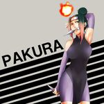  breasts fire forehead_protector gloves green_hair grey_background hair_bun highres kunai large_breasts multicolored_hair naruto naruto_(series) naruto_shippuuden okyame pakura pink_hair red_eyes solo two-tone_hair weapon 