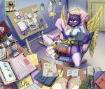 abdl absurd_res anthro arita_tian azazel_(helltaker) cat_stockings cat_tail clothed clothing cross diaper diaper_fetish diaper_use domestic_cat easter easter_egg felid feline felis female feral halo helltaker hi_res holidays inverted_cross mammal orange_eyes purple_body russian solo text wearing_diaper