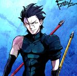  ahoge bad_id bad_pixiv_id black_hair copyright_name fate/zero fate_(series) gae_buidhe gae_dearg lancer_(fate/zero) male_focus mole mole_under_eye polearm solo spear weapon yellow_eyes zakk 