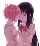  akemi_homura azmodan black_hair blue_eyes blush bow hair_ribbon hairband kaname_madoka long_hair mahou_shoujo_madoka_magica multiple_girls pink_hair red_eyes ribbon school_uniform twintails white_background yuri 