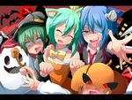  alternate_costume animal_ears antennae bandage_over_one_eye bat blank_eyes blonde_hair blue_eyes blue_hair bow bowtie cat_ears cirno closed_eyes cosplay daiyousei detached_collar dress fang formal frankenstein's_monster ghost green_hair hair_bow hair_ribbon halloween hat house jack-o'-lantern kuromu_(underporno) letterboxed multiple_girls mystia_lorelei necktie open_mouth orange_dress outstretched_arms paw_pose red_eyes ribbon rumia short_hair smile spread_arms suit team_9 tongue tongue_out touhou witch_hat wriggle_nightbug 