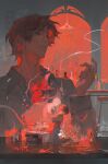  2boys absurdres bandaged_arm bandages beard_stubble black_eyes bottle brown_hair brown_vest bungou_stray_dogs chinese_commentary chromatic_aberration closed_mouth collared_shirt commentary_request cup dazai_osamu_(bungou_stray_dogs) drinking_glass facial_hair fish fishbowl goldfish grey_pants grey_shirt hand_on_another's_neck hand_up highres male_focus multiple_boys oda_sakunosuke_(bungou_stray_dogs) pants shirt short_hair stubble vest xixun 