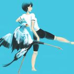  androgynous animal barefoot bird black_hair blue_background breasts full_body highres kicking looking_back open_mouth original pants profile secretarybird shirt short_hair simple_background small_breasts t-shirt walking white_shirt wistar!a 