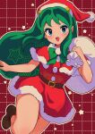  1girl aqua_eyeshadow belt belt_buckle blue_eyes bow bowtie brown_belt brown_shoes buckle capelet christmas commentary cone_hair_bun dress eyeshadow fang foot_out_of_frame fur-trimmed_capelet fur-trimmed_dress fur-trimmed_headwear fur_trim green_bow green_bowtie green_hair grid_background hair_bun hand_up hat highres holding holding_sack long_hair looking_at_viewer lum makeup nka_46 open_mouth pointy_ears pom_pom_(clothes) red_background red_capelet red_dress red_hat sack santa_costume shoes short_dress sidelocks smile solo standing standing_on_one_leg star_(symbol) star_in_eye symbol_in_eye urusei_yatsura 