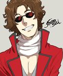 bad_id bad_pixiv_id brown_hair curly_hair gintama male_focus sakamoto_tatsuma scarf smile solo sunglasses zakk 