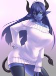  asmodeus_(shinrabanshou) bare_shoulders black_legwear black_sclera blue_hair blue_skin breasts collarbone contrapposto demon_girl demon_tail dress fingernails gradient gradient_background hair_between_eyes hand_on_hip hand_on_thigh highres horns large_breasts light_smile long_fingernails long_hair murazono nail_polish noepon panties parted_lips pointy_ears purple_panties ribbed_sweater shinrabanshou simple_background slit_pupils solo standing strap sweater sweater_dress tail thighhighs underwear wide_hips yellow_eyes 