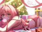  1girl ahoge antlers artist_name bare_shoulders box breasts camisole character_doll christmas christmas_tree commentary cookie cowboy_shot doll english_commentary food food_in_mouth gift gift_box green_eyes h3p0 heart heart_in_eye highres horns lace-trimmed_camisole lace-trimmed_panties lace_trim large_breasts lipstick_mark looking_at_viewer lying medium_hair merry_christmas midriff neko_atsume on_stomach osu! panties pink_camisole pink_hair pink_panties pippi_(osu!) red_ribbon reindeer_antlers ribbon romeo_to_cinderella_(vocaloid) symbol_in_eye underwear 