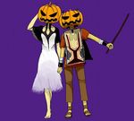  1girl barefoot dress hacrow halloween holding_hands ico ico_(character) jack-o'-lantern lowres pants pumpkin pumpkin_hat sandals simple_background tabard white_dress yorda 