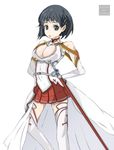  :o asuna_(sao) asuna_(sao)_(cosplay) black_eyes black_hair breasts cleavage copyright_name cosplay dokuringo_su hair_ornament hairclip kirigaya_suguha large_breasts sheath sheathed short_hair solo sword sword_art_online thighhighs weapon white_legwear 