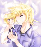  asuka_ryou blonde_hair blue_eyes breasts chibi cleavage devilman feather feathers hand_on_head no_nipples nude open_mouth satan satan_(devilman) size_difference smile tears yoshiwo2008 