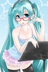  akg aqua_eyes aqua_hair bespectacled black_legwear camisole flat_chest frilled_skirt frills glasses hatsune_miku headphones highres k701 kuriguriko long_hair miniskirt nipple_slip nipples red-framed_eyewear skirt solo stand thighhighs very_long_hair vocaloid zettai_ryouiki 