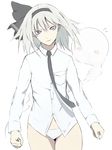  bad_id bad_pixiv_id black_hairband blue_eyes blush dress_shirt flying_sweatdrops hair_ribbon hairband highres hitodama konpaku_youmu konpaku_youmu_(ghost) long_sleeves necktie no_pants older panties pt ribbon ringed_eyes shirt short_hair solo touhou underwear white_panties 