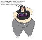  1girl amano_maya big_belly black_hair brown_eyes fat freckles looking_at_viewer midriff neet non-web_source pants persona persona_2 pink-framed_eyewear sweatpants sweaty sweaty_armpits sweaty_breasts sweaty_clothes thick_thighs thighs weight_gain wide_hips 