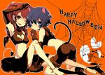  2girls animal_ears bad_id bad_pixiv_id bat_wings blue_eyes blue_hair breasts cat_ears cat_paws cat_tail cleavage cleavage_cutout demon_tail halloween happy_halloween high_heels jack-o'-lantern kujikawa_rise kuma_(persona_4) long_hair medium_breasts multiple_girls paws persona persona_4 red_eyes red_hair sayu030b shirogane_naoto shoes short_hair silk sleeveless spider_web tail wings 