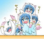  &gt;_&lt; :d blue_eyes blue_hair chibi clone closed_eyes cosplay glass in_container kyubey kyubey_(cosplay) mahou_shoujo_madoka_magica miki_sayaka multiple_girls open_mouth partially_submerged smile submerged tripping wakabayashi_makoto waving 