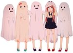  :3 :o aqua_footwear black_skirt blue_eyes bow brown_hair ghost ghost_costume halloween kise_(swimmt) lineup long_hair long_sleeves open_mouth original purple_footwear red_bow red_footwear shoes simple_background skirt solid_oval_eyes 