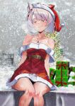  absurdres animal_ears bare_shoulders bob_cut cat_ears cat_girl chest_jewel christmas_present christmas_tree commentary dress english_commentary fukou gift green_eyes hat highres looking_at_viewer mio_(xenoblade) naughty_face santa_costume santa_dress santa_hat snowing thighs white_hair winter xenoblade_chronicles_(series) xenoblade_chronicles_3 