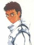  1boy brown_hair collar dragoon glasses green_eyes lowres official playstation serious syuveil the_legend_of_dragoon white_clothing 