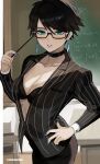  1girl absurdres bayonetta bayonetta_(series) bayonetta_2 black_bra black_choker black_hair blue_eyes bra breasts chalkboard choker cleavage commentary earrings english_commentary glasses hand_on_own_hip highres indoors jewelry large_breasts looking_at_viewer mole mole_under_mouth park_ongjol partially_open_jacket pinstripe_jacket pinstripe_pattern short_hair smile solo twitter_username underwear 
