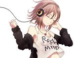  bare_shoulders brown_hair closed_eyes clothes_writing hand_on_headphones headphones idolmaster idolmaster_cinderella_girls jacket jewelry necklace open_clothes open_jacket pt short_hair smile solo tada_riina tank_top 