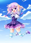  :d arms_up bracelet d-pad d-pad_hair_ornament hair_ornament jewelry kami_jigen_game_neptune_v neptune_(choujigen_game_neptune) neptune_(series) open_mouth purple_eyes purple_hair short_hair smile socks solo striped striped_legwear taka_(suigendou) thighhighs 