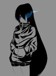  alternate_hairstyle black_hair black_rock_shooter black_rock_shooter_(character) blue_eyes blue_fire burning_eye casual fire hands_in_pockets hosizorada jacket long_hair monochrome ponytail shorts simple_background solo spot_color track_jacket very_long_hair 