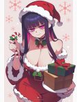  1girl artist_name box breasts candy candy_cane christmas cleavage closed_mouth colored_inner_hair commentary dress edith_(flipherrrr) english_commentary eyebrows_hidden_by_hair flipherrrr food gift gift_box hat highres holding holding_candy holding_candy_cane holding_food holding_plate large_breasts lips long_hair looking_at_viewer multicolored_hair original pink_hair plate purple_hair red_hat santa_costume santa_dress santa_hat smile snowflake_background solid_oval_eyes solo two-tone_hair 
