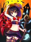  :p alternate_costume arm_up armpits asymmetrical_wings bat black_hair bug_(artist) full_moon ghost halloween hat highres houjuu_nue looking_at_viewer midriff moon navel red_eyes see-through short_hair skirt solo staff thighhighs tongue tongue_out touhou ufo wings witch_hat zettai_ryouiki 