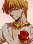  alcohol bad_id bad_pixiv_id blonde_hair cup drinking_glass fate/zero fate_(series) gilgamesh jewelry male_focus necklace red_eyes solo wine wine_glass zakk 