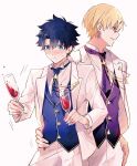  2boys alcohol bit_(8115894) black_hair blonde_hair blue_eyes blue_necktie blue_vest blush chain circlet closed_mouth commentary_request cowboy_shot cup drinking_glass earrings fate/grand_order fate_(series) fingernails formal_clothes fujimaru_ritsuka_(male) fujimaru_ritsuka_(male)_(celebrate_memories) gem gilgamesh_(fate) gold_chain gold_earrings hair_between_eyes hand_around_waist hand_in_pocket hands_up holding holding_cup jacket jewelry lapels long_sleeves looking_down looking_to_the_side male_focus multiple_boys necktie official_alternate_costume open_clothes open_jacket open_mouth pants polka_dot_necktie purple_gem purple_necktie purple_vest red_eyes short_hair simple_background smile standing suit suit_jacket sweatdrop v-shaped_eyebrows vest white_background white_jacket white_pants wine yaoi 