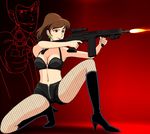  1boy 1girl armpits arsene_lupin_iii assault_rifle boots bra breasts brown_eyes brown_hair cleavage earring earrings fishnet_legwear fishnet_stockings fishnets gun handgun jewelry kappa_ya kneeling lupin_iii midriff mine_fujiko navel pistol rifle shorts smile spread_legs tms_entertainment underwear weapon zipper 